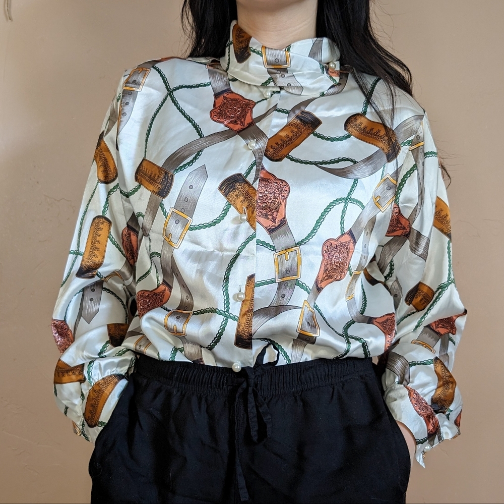 vintage belt and rope equestrian leslie fay satin button down shirt - size 10